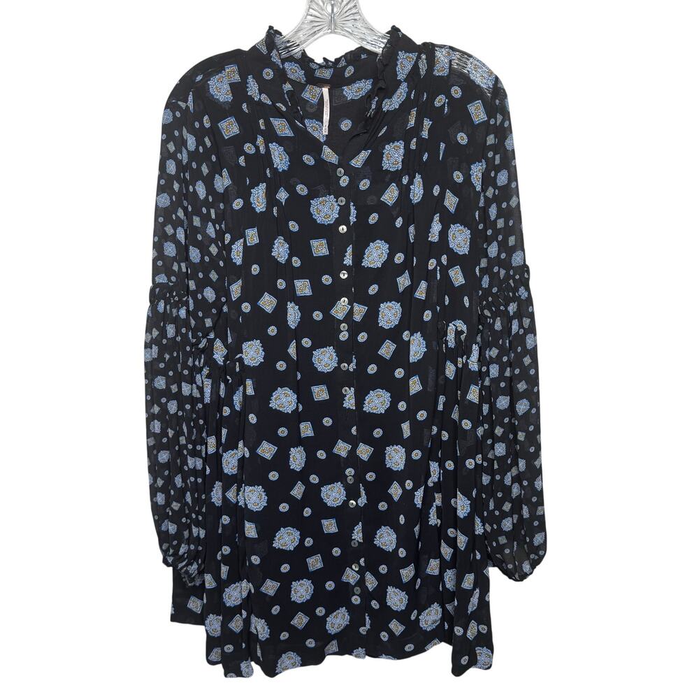 Free People Turn Turn Mini Dress‎ Black Boho Balloon Sleeve Floral Tile Print M